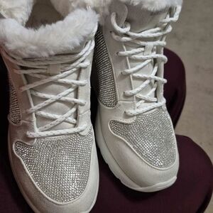 Skechers White Faux-Fur Rhinestone High-Top Sneakers